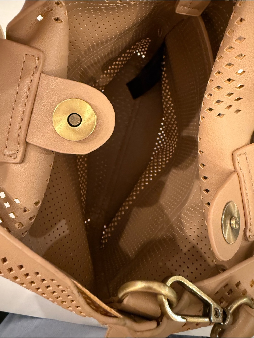 Anthropologie Tan Perforated Ring Handle Crossbody Bag - Vegan Leather Tote - Picture 6 of 11